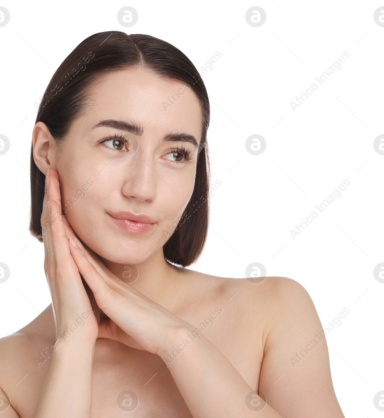 Portrait of beautiful woman after spa treatment on white background, closeup Photo of Portrait of beautiful woman after spa treatment on white background, closeup