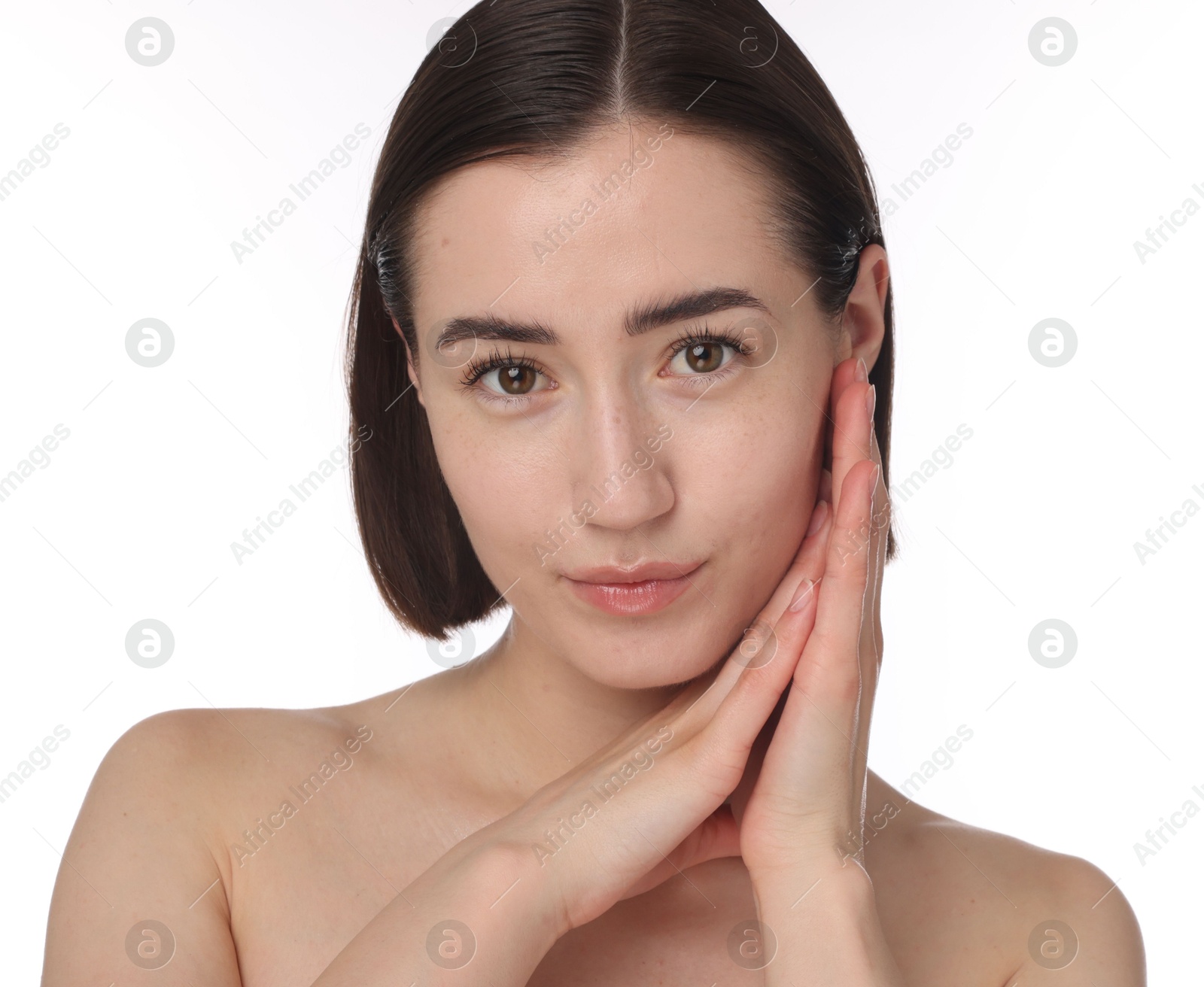 Portrait of beautiful woman after spa treatment on white background, closeup Photo of Portrait of beautiful woman after spa treatment on white background, closeup