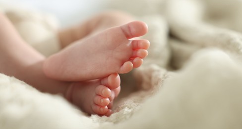 Photo of Cute newborn baby lying on bed indoors, closeup