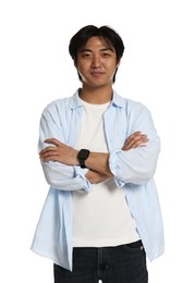 Photo of Portrait of handsome Asian man with crossed arms on white background