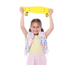 Photo of Little girl with penny board on white background