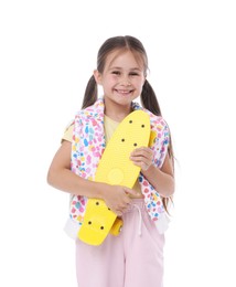 Photo of Little girl with penny board on white background