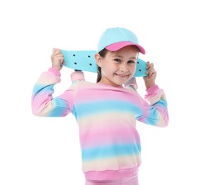 Photo of Little girl with penny board on white background