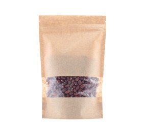 Photo of Zipper stand-up pouch with coffee beans isolated on white. Mockup for design