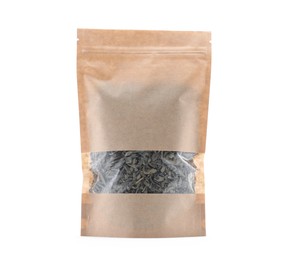 Photo of Zipper stand-up pouch with coffee beans isolated on white. Mockup for design