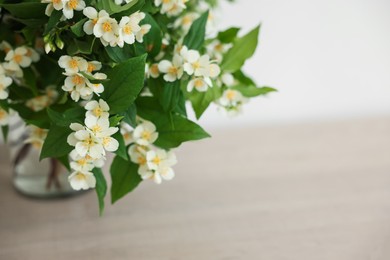 Photo of Beautiful jasmine flowers in vase on table indoors, closeup. Space for text