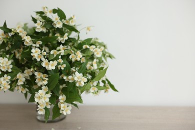 Photo of Beautiful jasmine flowers in vase on table indoors, closeup. Space for text