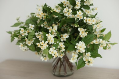 Photo of Beautiful jasmine flowers in vase on table indoors, closeup