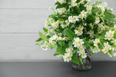 Photo of Beautiful jasmine flowers in vase on grey table near white wooden wall indoors, closeup. Space for text
