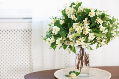 Photo of Beautiful jasmine flowers in vase on table indoors, space for text