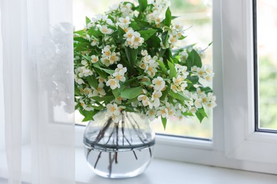 Photo of Beautiful jasmine flowers in vase near window indoors