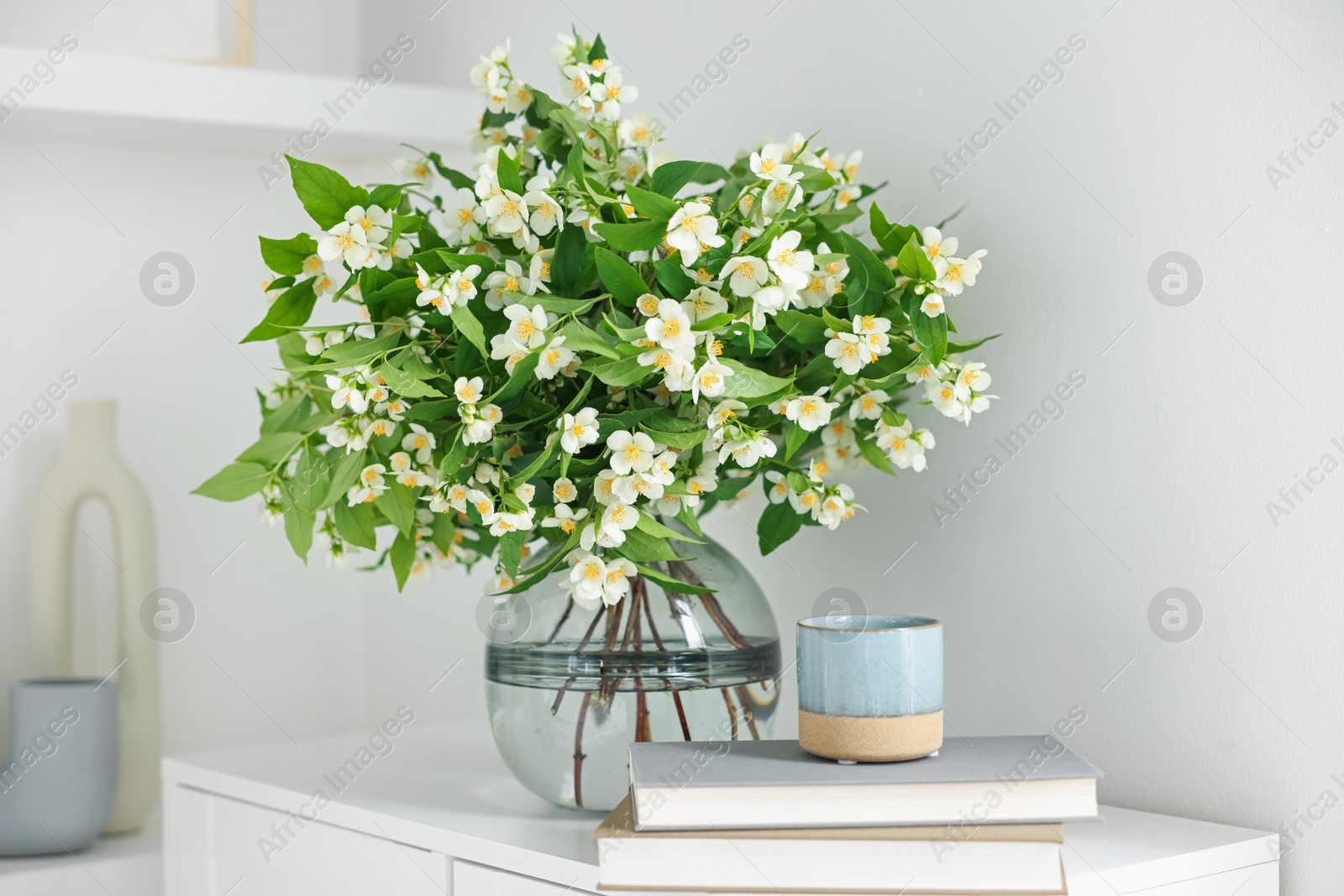 Beautiful jasmine flowers in vase, books and decor on white cabinet indoors Photo of Beautiful jasmine flowers in vase, books and decor on white cabinet indoors