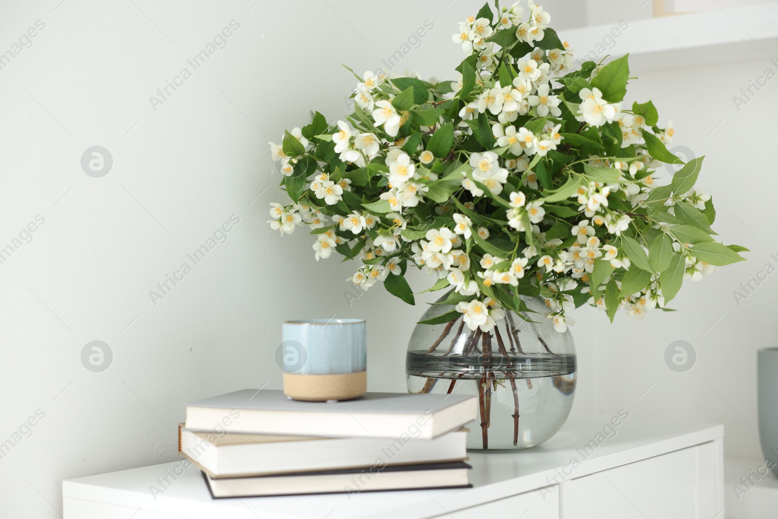 Beautiful jasmine flowers in vase, books and decor on white cabinet indoors Photo of Beautiful jasmine flowers in vase, books and decor on white cabinet indoors