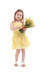 Photo of Cute little girl with bouquet of beautiful chamomile flowers on white background