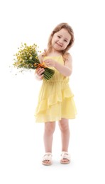 Photo of Cute little girl with bouquet of beautiful chamomile flowers on white background
