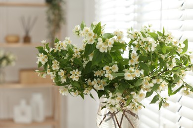 Photo of Bouquet of beautiful jasmine flowers in vase indoors, closeup