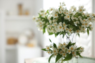 Photo of Bouquet of beautiful jasmine flowers in vase on table indoors, closeup. Space for text