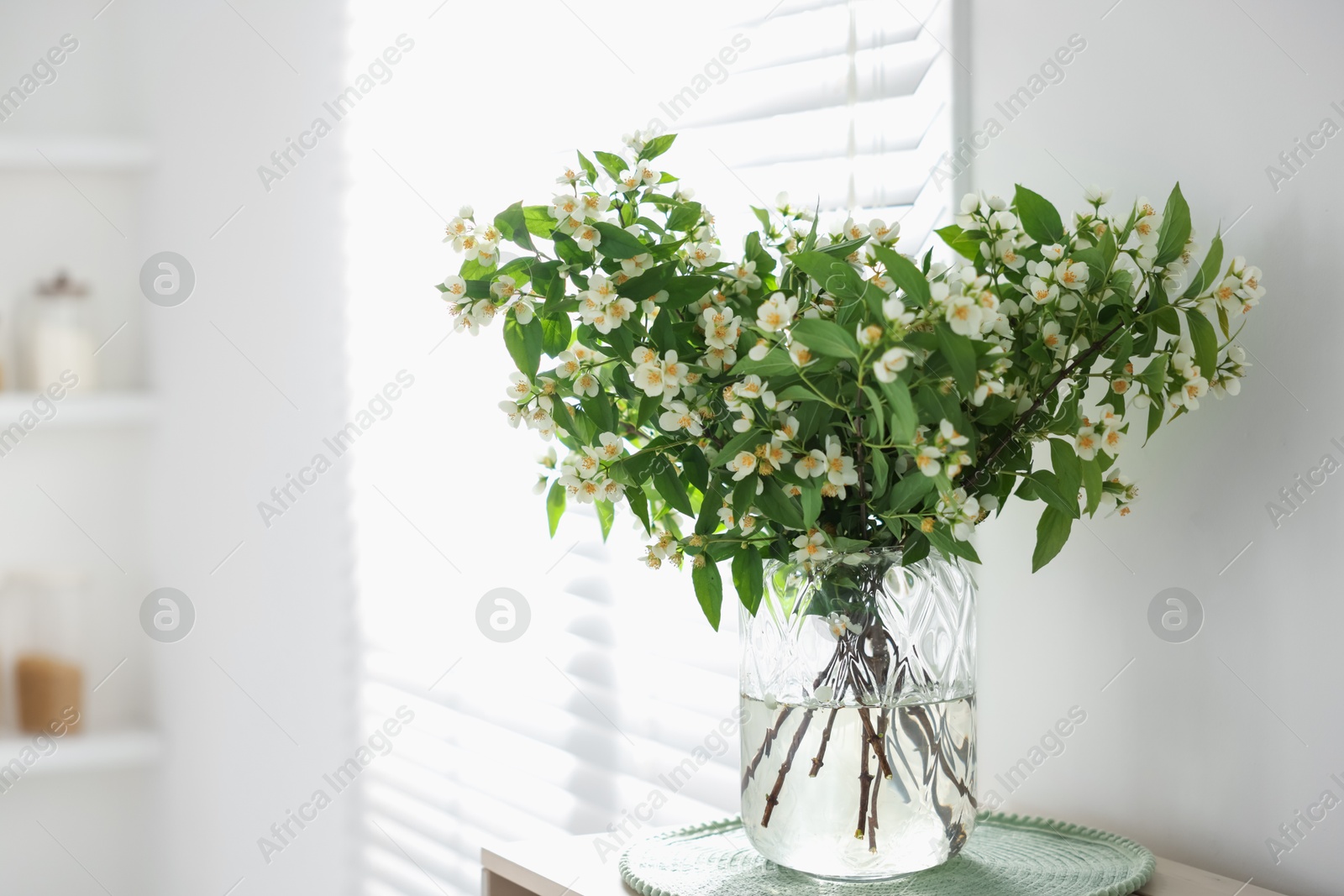 Bouquet of beautiful jasmine flowers in vase on table indoors. Space for text Photo of Bouquet of beautiful jasmine flowers in vase on table indoors. Space for text