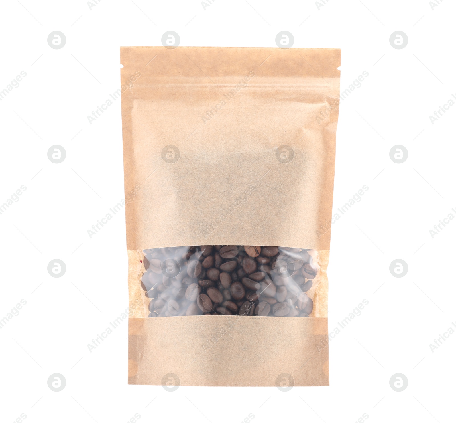 Zipper stand-up pouch with coffee beans isolated on white. Mockup for design Photo of Zipper stand-up pouch with coffee beans isolated on white. Mockup for design
