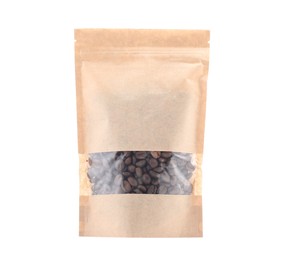 Photo of Zipper stand-up pouch with coffee beans isolated on white. Mockup for design