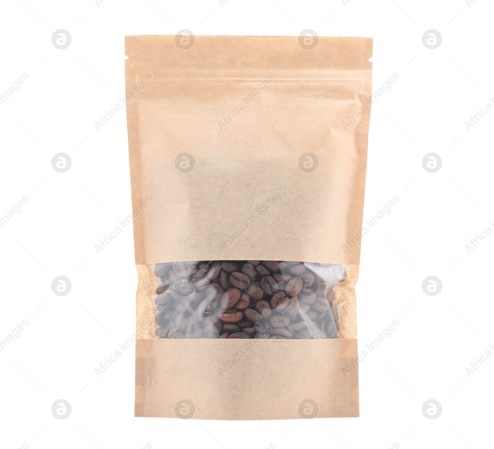 Zipper stand-up pouch with coffee beans isolated on white. Mockup for design Photo of Zipper stand-up pouch with coffee beans isolated on white. Mockup for design