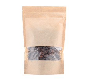 Photo of Zipper stand-up pouch with coffee beans isolated on white. Mockup for design