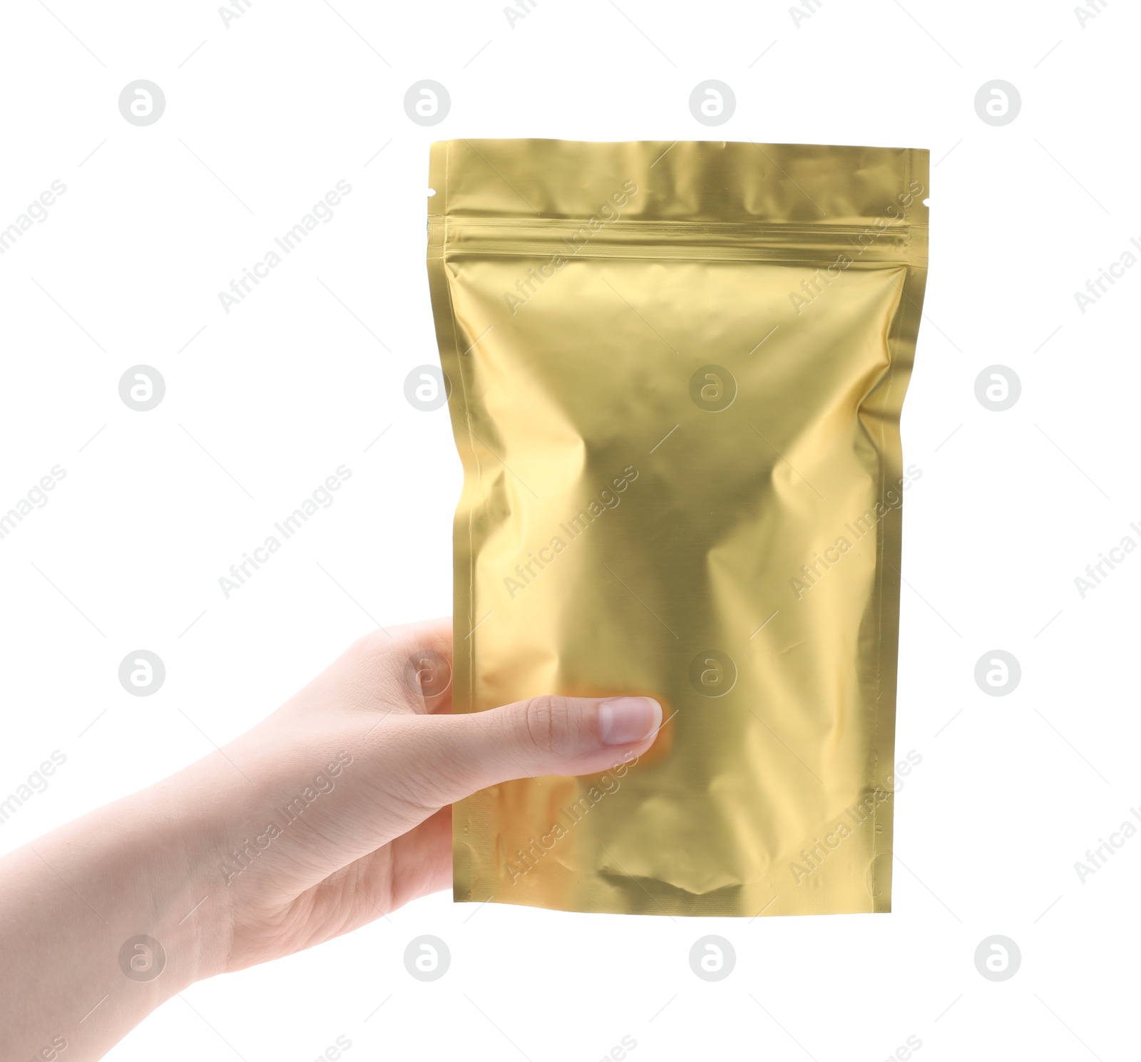 Woman with zipper stand-up pouch on white background, closeup. Mockup for design Photo of Woman with zipper stand-up pouch on white background, closeup. Mockup for design