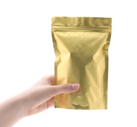 Photo of Woman with zipper stand-up pouch on white background, closeup. Mockup for design