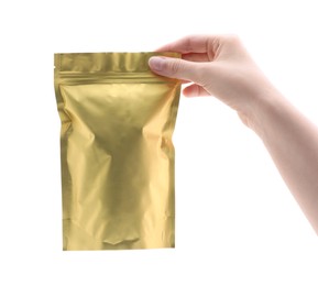 Photo of Woman with zipper stand-up pouch on white background, closeup. Mockup for design