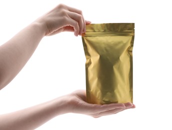 Photo of Woman with zipper stand-up pouch on white background, closeup. Mockup for design