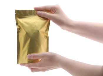Photo of Woman with zipper stand-up pouch on white background, closeup. Mockup for design