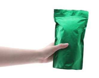 Photo of Woman with zipper stand-up pouch on white background, closeup. Mockup for design