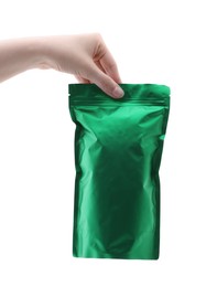 Photo of Woman with zipper stand-up pouch on white background, closeup. Mockup for design
