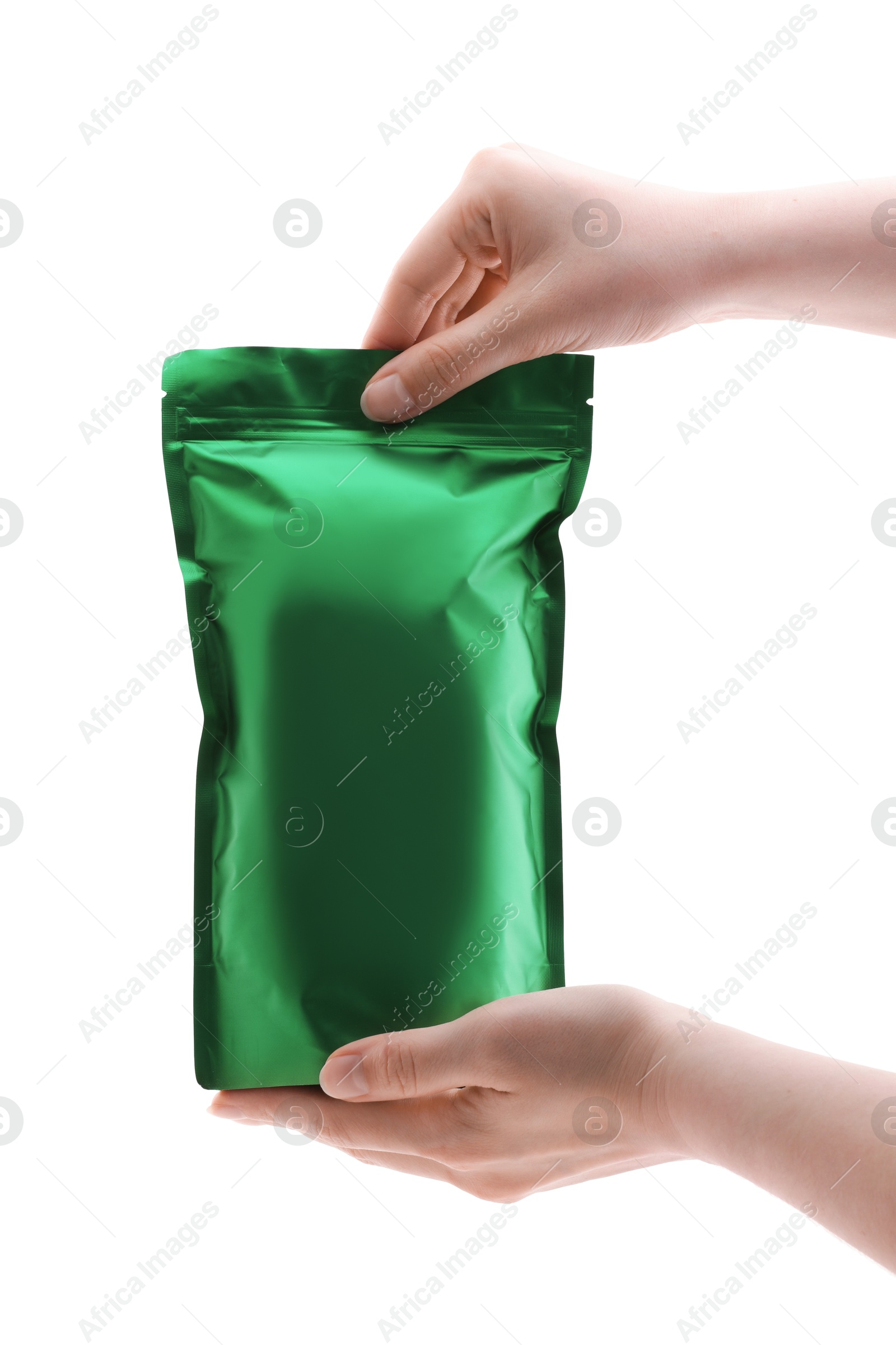 Woman with zipper stand-up pouch on white background, closeup. Mockup for design Photo of Woman with zipper stand-up pouch on white background, closeup. Mockup for design
