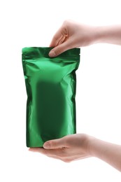 Photo of Woman with zipper stand-up pouch on white background, closeup. Mockup for design