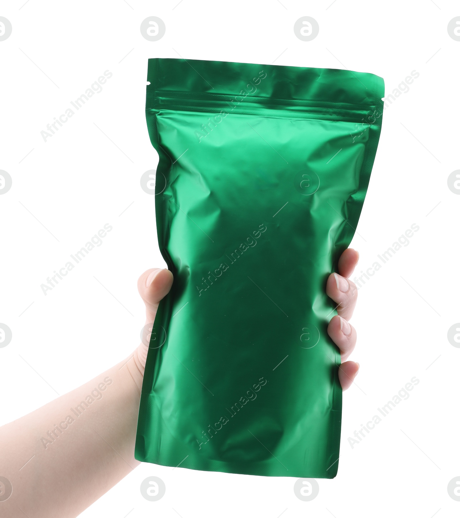 Woman with zipper stand-up pouch on white background, closeup. Mockup for design Photo of Woman with zipper stand-up pouch on white background, closeup. Mockup for design