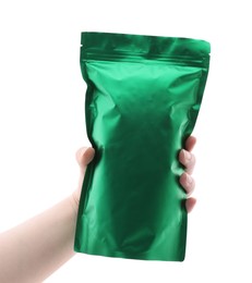 Photo of Woman with zipper stand-up pouch on white background, closeup. Mockup for design