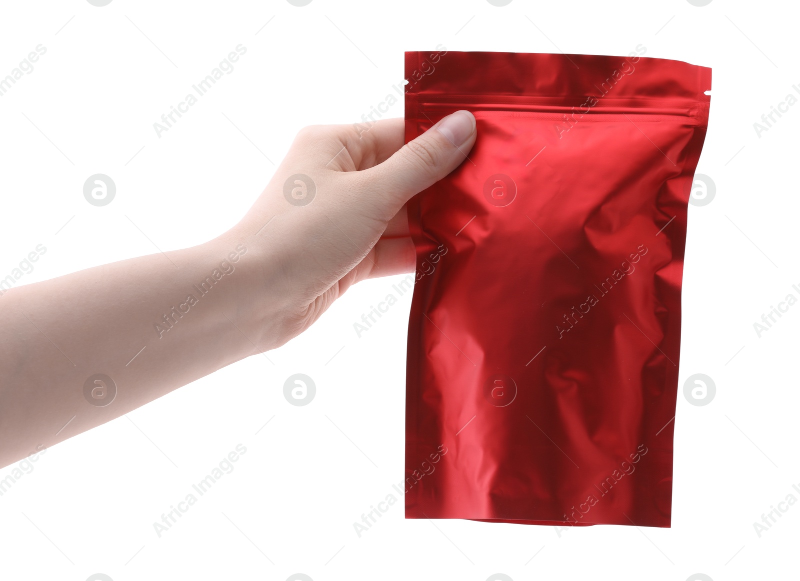 Woman with zipper stand-up pouch on white background, closeup. Mockup for design Photo of Woman with zipper stand-up pouch on white background, closeup. Mockup for design