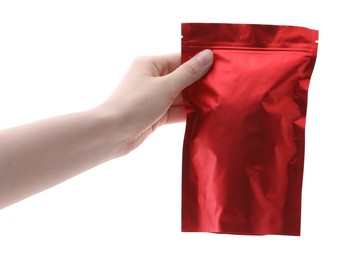 Photo of Woman with zipper stand-up pouch on white background, closeup. Mockup for design