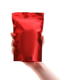 Photo of Woman with zipper stand-up pouch on white background, closeup. Mockup for design