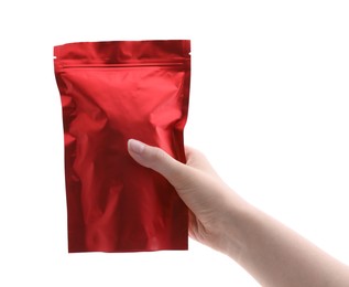 Photo of Woman with zipper stand-up pouch on white background, closeup. Mockup for design