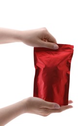 Photo of Woman with zipper stand-up pouch on white background, closeup. Mockup for design