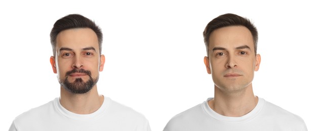 Image of Handsome man before and after shaving on white background, collage of photos
