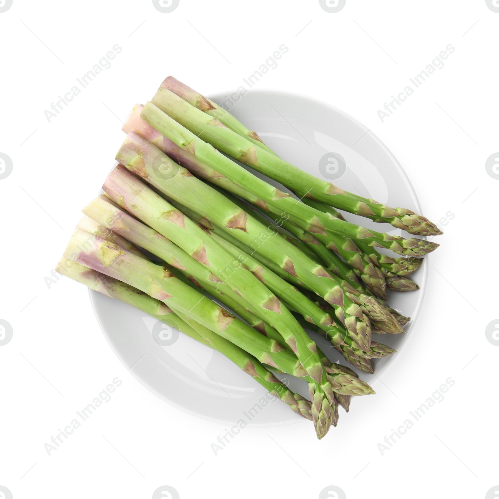 Fresh raw asparagus spears isolated on white, top view Photo of Fresh raw asparagus spears isolated on white, top view