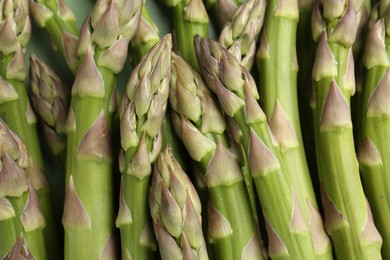 Photo of Many fresh raw asparagus spears as background, top view