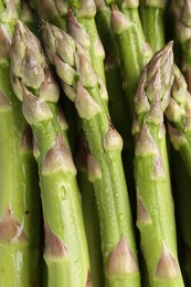 Photo of Many fresh wet asparagus spears as background, top view