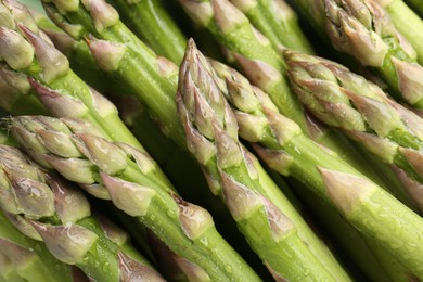 Photo of Many fresh wet asparagus spears as background, top view