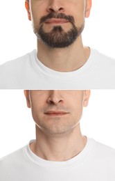 Image of Man before and after shaving on white background, closeup. Collage of photos