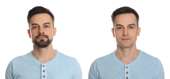 Image of Handsome man before and after shaving on white background, collage of photos