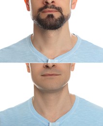 Image of Man before and after shaving on white background, closeup. Collage of photos